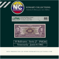 VENEZUELA, 10 BOLÍVARES, JUNIO-6-1961, SERIE J7, PMG66 EPQ. "CARA VOLTEADA"