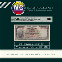 VENEZUELA, 50 BOLÍVARES, FEBRERO-22-1972, SERIE T7, PMG66 EPQ.