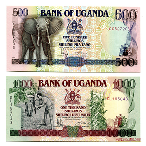 BILLETES DE 1.000 Y 500 SHILLINGS DE UGANDA DE 1991 EN ALTO GRADO DE CONSERVACIÓN