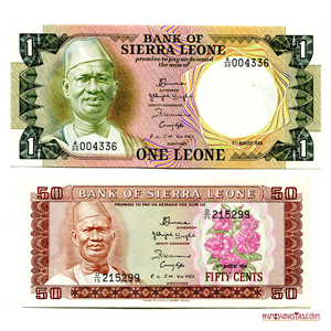 BILLETES DE SIERRA LEONA DE 1984, 1 LEONE Y 50 CENTS EN ALTO GRADO DE CONSERVACIÓN